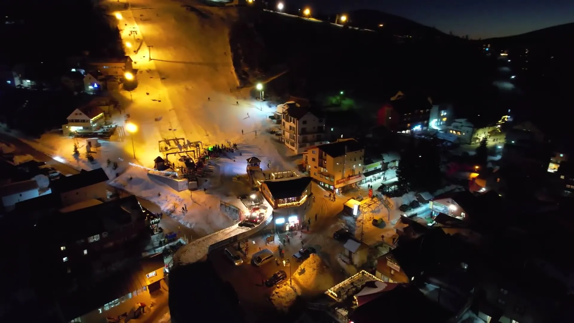Straja resort in the evening, with a floodlit slope